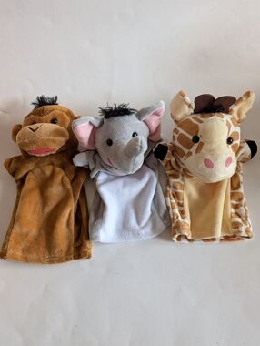 Lot Of 3 Plush Animal Hand Puppets Monkey Elephant Giraffe